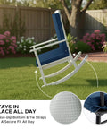 Outdoor Chair Cushions 20x20 Navy Blue Water Resistant And Fade Resistant High Back With Ties And Zipper Removable Covers All Weather Patio Lawn Dining Seat Replacements Set Of Four shown on a white rocking chair in garden setting.