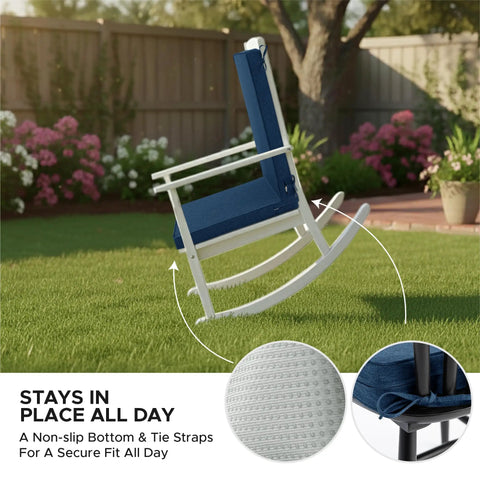 Outdoor Chair Cushions 20x20 Navy Blue Water Resistant And Fade Resistant High Back With Ties And Zipper Removable Covers All Weather Patio Lawn Dining Seat Replacements Set Of Four shown on a white rocking chair in garden setting.