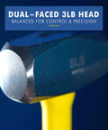 Close-up of the dual-faced 3 lb head of Rock Solid 3 Pound Forged Steel Sledge Hammer Built Like A Tank for precision control.