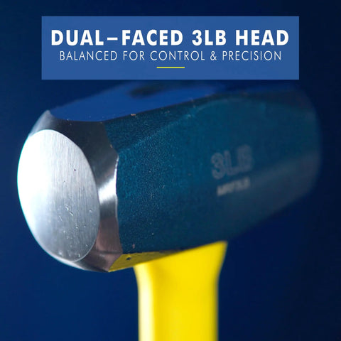 Close-up of the dual-faced 3 lb head of Rock Solid 3 Pound Forged Steel Sledge Hammer Built Like A Tank for precision control.