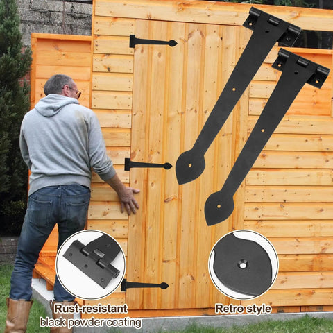 Man installing Two Pack 15 Inch Heavy Duty T Shape Strap Hinges With Screws Black Wrought Iron Spade Tip on wooden shed door.