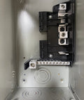 Interior view of 4 Space 8 Circuit 125 Amp Outdoor Load Center With Type 3R Enclosure And Flush Surface Cover UL Listed CSA Approved 120 240V AC Single Phase