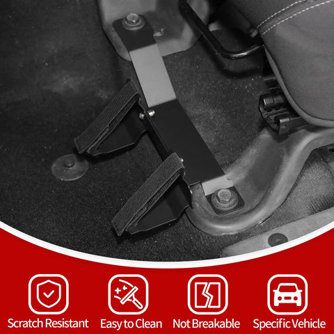 Installed under front seat fire extinguisher bracket for Jeep Wrangler JK 2007-2017 left side mount with nylon strap.