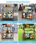 Heavy Duty Sports Equipment Garage Organizer With Ball Storage Rack Basket Hooks and Rolling Cart for Sports Gear and Toy Storage Indoor Outdoor Use Black in various settings for storage.