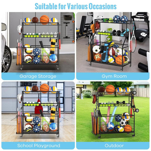 Heavy Duty Sports Equipment Garage Organizer With Ball Storage Rack Basket Hooks and Rolling Cart for Sports Gear and Toy Storage Indoor Outdoor Use Black in various settings for storage.