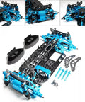 Rugged Aluminum And Carbon Chassis Frame Upgrade For TT01 One-Tenth Scale RC Cars, Boost Controllability, Stability, And Balance, built tough for off road rigs, replacement truck parts, blue and black components spread.