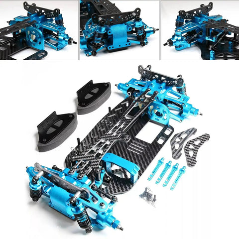 Rugged Aluminum And Carbon Chassis Frame Upgrade For TT01 One-Tenth Scale RC Cars, Boost Controllability, Stability, And Balance, built tough for off road rigs, replacement truck parts, blue and black components spread.