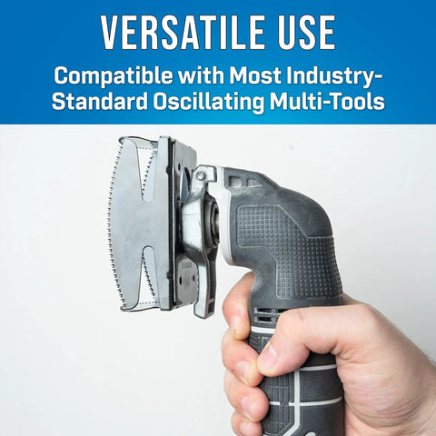 Power Oscillating Multi Tool For Quick Drywall Cuts And Single Gang Electrical Outlet Box Installations with metal blade attachment
