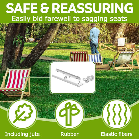Image of lawn chairs with illustration of Beefed Up Metal End Clips For Webbing Lawn Chairs 2 Inch Replacement Kit With Screws.