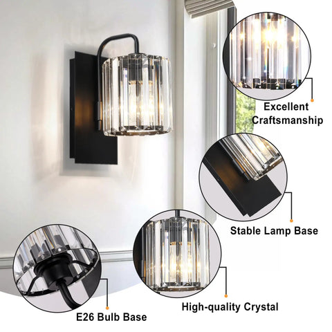 Black Crystal Wall Sconce Light Sleek Modern Indoor Wall Lighting For Living Room Hallway Bedroom Bathroom Stairway 10 Inch Single Sconce With Crystal Sparkle And Sturdy Metal Base