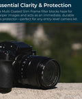 Black camera with 58mm UV Haze Lens Filter for DSLR and Mirrorless Cameras protects your lens, reduces glare, on a stone surface