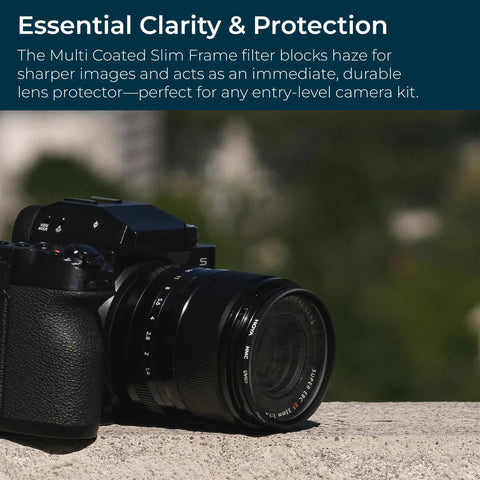 Black camera with 58mm UV Haze Lens Filter for DSLR and Mirrorless Cameras protects your lens, reduces glare, on a stone surface