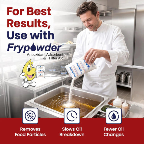 Heavy Duty Hand Cranked Deep Fryer Oil Filter Machine For 75 Pound Capacity shown with Frypowder in kitchen.