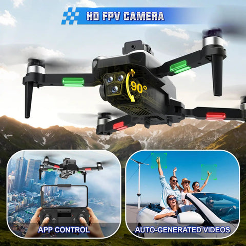 GPS Drone With Camera For Beginners Dual Camera FPV Quadcopter flying outdoors with mountains and FPV control interface.