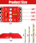 Heavy Duty Angle Drill Guide Jig With Integrated Bubble Level And Four Titanium Bits For Dead Accurate 30 45 And 90 Degree Precision showing product size and drill bit measurements.