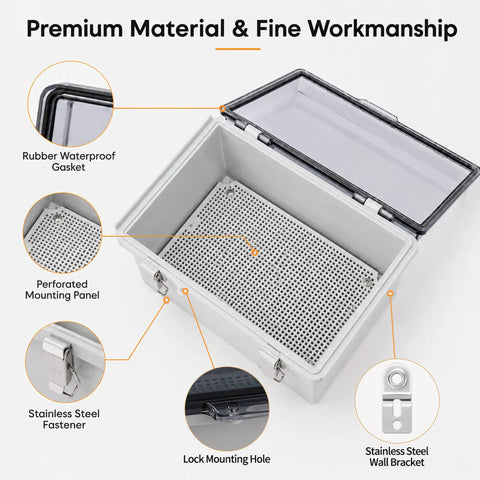 IP67 Waterproof Outdoor Junction Box With Hinged Cover And Cable Glands, Tough As Nails Heavy Duty ABS Electrical Enclosure With Rustproof 304 Stainless Steel Latches, Thick Rubber Seal, Weatherproof For Harsh Outdoor Use, open with mounting panel