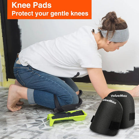 Person using knee pads from Laminate Wood Flooring Installation Kit With Reinforced Double Faced Mallet Heavy Duty Pull Bar Solid Tapping Block Foam Kneepads And 30 Piece Spacers For Quick Pro Grade DIY Ready Flooring Install.