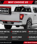 Slim Mirror Chrome License Plate Frames 2 Pack For Front And Rear Whips Car Wash Safe Stainless Steel Rust Free And Rattle Free Street Legal 2 Hole Design With Screw Caps Metal Front And Rear Tag Holders displayed on a truck.