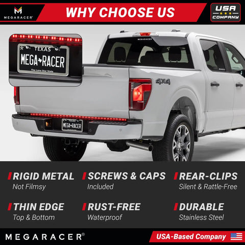 Slim Mirror Chrome License Plate Frames 2 Pack For Front And Rear Whips Car Wash Safe Stainless Steel Rust Free And Rattle Free Street Legal 2 Hole Design With Screw Caps Metal Front And Rear Tag Holders displayed on a truck.