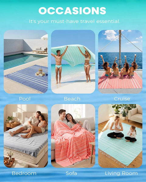 Image showcasing Oversized Boho Turkish Beach Towel Blanket Quick Dry Sand Free Jumbo Outdoor Picnic Mat in different settings.