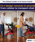 Heavy Duty Dual Function Rollator And Compact Transport Wheelchair In Vibrant Red Featuring Rapid Adjust Backrest No Fuss Fold For Smooth Street Cruising And Dependable Rolling Comfort Daily showing conversion from rollator to transport chair.