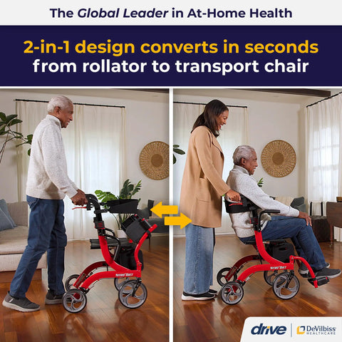 Heavy Duty Dual Function Rollator And Compact Transport Wheelchair In Vibrant Red Featuring Rapid Adjust Backrest No Fuss Fold For Smooth Street Cruising And Dependable Rolling Comfort Daily showing conversion from rollator to transport chair.
