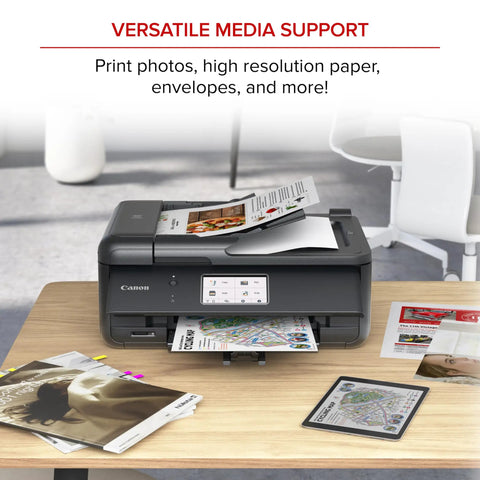 PIXMA TR8620a All In One Printer For Home Office with Copy, Scan, Fax, Auto Document Feeder on wooden desk