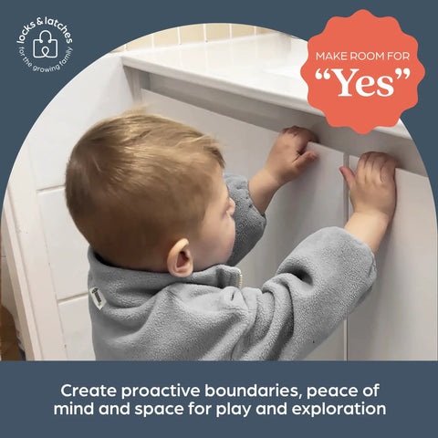 Child demonstrating Hidden Adhesive Magnetic Cabinet Locks 2 Pack With 1 Key White Childproof Safety Latches for cabinets