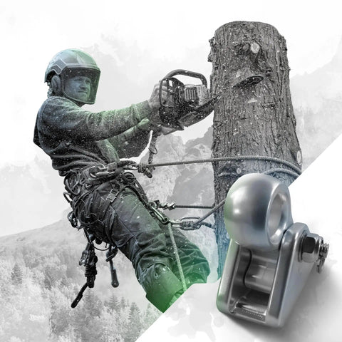 Arborist climbing with chainsaw next to Arborist Rope Grab With Removable Cam And Fixed Bolt And Nut, pro grade climbing gear