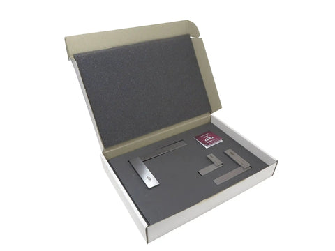 Solid Machinist Square Set Three Piece 2 3/8 Inch 4 Inch And 6 Inch Squares For Precision Work, 60mm 100mm 150mm, DIN 875/1 in box