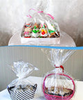 Baskets wrapped in Bulk 500 Pack Heat Shrink Wrap Bags For Packaging, Clear POF Film, showcasing gift presentation