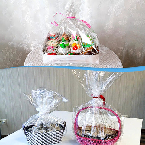Baskets wrapped in Bulk 500 Pack Heat Shrink Wrap Bags For Packaging, Clear POF Film, showcasing gift presentation