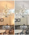 Comparison of chandeliers with 60 Watt Equivalent LED Candelabra Bulbs, left side 2700K soft white and right side 5000K daylight.