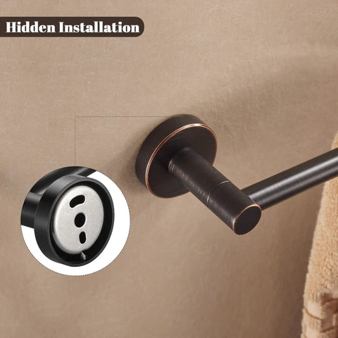 Close-up of wall mount installation for Adjustable Bronze Towel Bar 15 To 24 Inches, showing hidden screws and oil rubbed finish.
