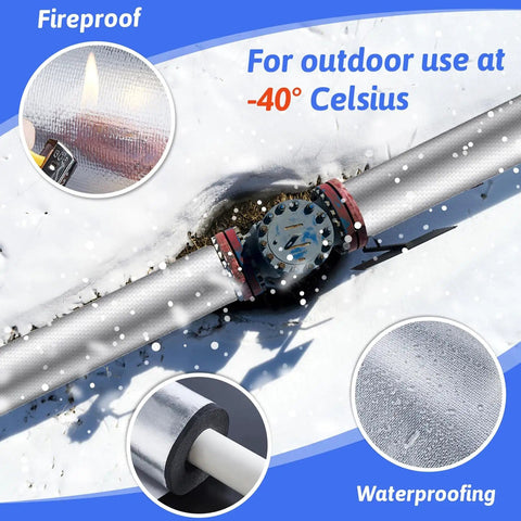 Eight Pack Three Quarter Inch Pipe Insulation Foam Tubes With Self Adhesive Pre Slit Covers Polyethylene With Aluminum Foil shown protecting outdoor pipe from freeze.