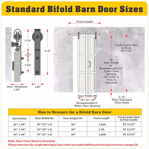 Illustration of bifold barn door measurements with installation guide, showing dimensions and track length for Space Saving Bifold Barn Door Kit With Sliding Hardware For Closet, White MDF Frame, 36 Inch Door Featuring Two 18 Inch Panels, 84 Inch Track For Two Doors, Tempered Frosted Glass Three Lite Panels, Pre Drilled Slab.