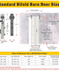 Diagram showing measurements for standard bifold barn door sizes with track length and clearance details.