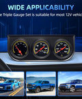 MH 2-inch 52mm triple gauge set in black dash pod with voltmeter, oil pressure 0-150 PSI, and water temperature 100-280°F