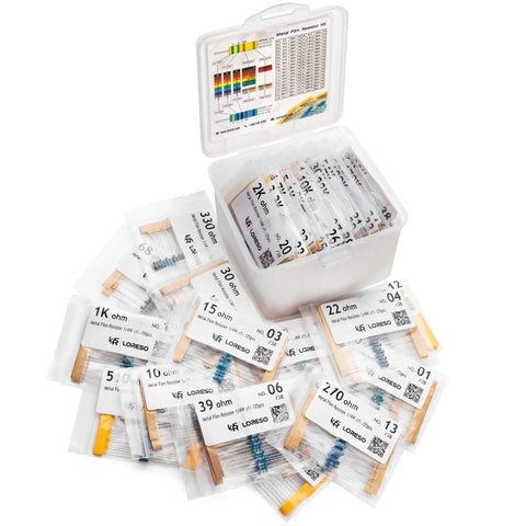 Massive 1200 Piece Resistor Assortment Kit With 38 Values, 1/4W 1% Metal Film Resistors, ROHS Compliant, open box with labeled bags