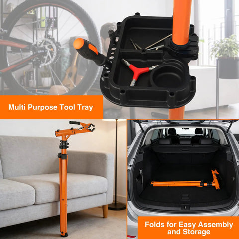 Heavy Duty E Bike Repair Stand Portable Foldable Workstand With 176 Lb Capacity showing tool tray and folded in trunk