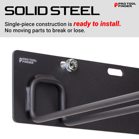 Close-up of Garage Tool Organizer Wall Mount Rack With Beefy Heavy Gauge Steel Backplate And Welded Hooks Holds 650 Lbs Stud Mount.