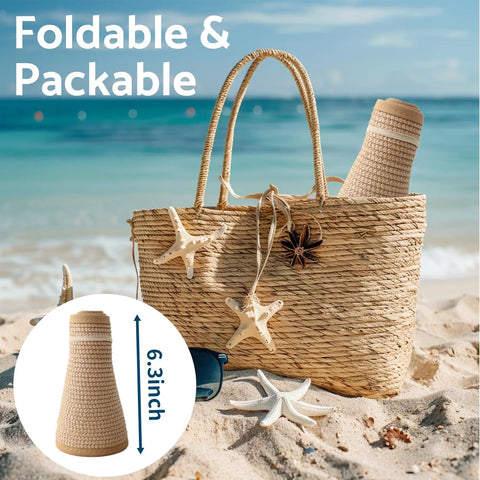 Women's Wide Brim Packable Straw Hat With Ponytail Opening For Beach And Travel Roll Up Sun Visor Foldable in beach bag