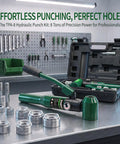No Hassle Heavy Duty Hydraulic Knockout Punch And Electrical Conduit Hole Cutter Kit With Six Die Sets Half To Two Inches Eight Ton Heavy Hitter Workhorse for quick conduit punching on a table.