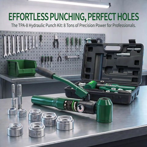 No Hassle Heavy Duty Hydraulic Knockout Punch And Electrical Conduit Hole Cutter Kit With Six Die Sets Half To Two Inches Eight Ton Heavy Hitter Workhorse for quick conduit punching on a table.