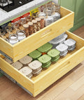 Solid Pull Out Cabinet Organizer Featuring Soft Close Slide Drawers And Real Wood Build For Kitchen Pantry Storage in use with jars and containers.