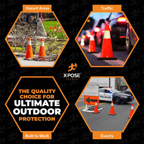 Heavy Duty 28 Inch Orange Traffic Cones With 6 Inch Collar, 4 Pack, Rugged PVC Safety Markers for hazard areas, traffic, events