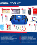 Blue First Responder II trauma kit bag with tools, gauze, bandages, scissors and gloves.