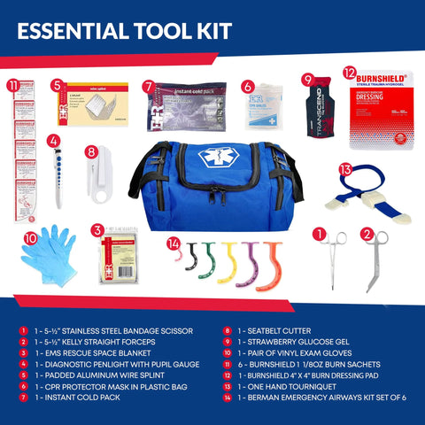 Blue First Responder II trauma kit bag with tools, gauze, bandages, scissors and gloves.
