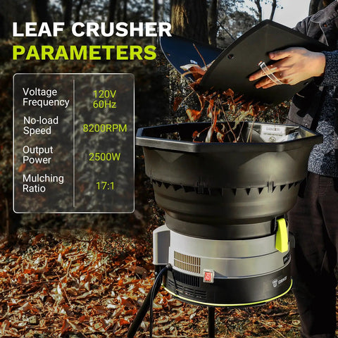 User operating an Electric Leaf Mulcher Shredder With 15 Amp Motor Spinning 8200 RPM For 17 To 1 Reduction in a forest setting.