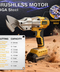 Cordless Metal Shears for 20V Max 14GA Cutter That Eats Sheet Metal Leather and Carpet shown with brushless motor on rugged terrain
